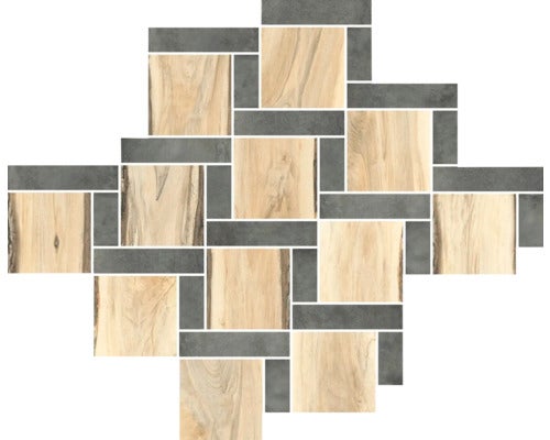 Dekorative Fliesenanordnung mit Holz- und Steinelementen für Wand- und Bodendesign