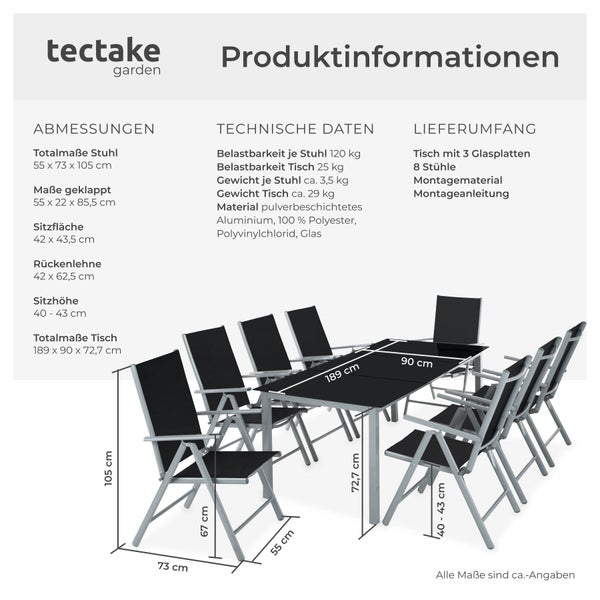 Produktdetails zu einer Gartengarnitur von tectake mit Tisch, acht Stühlen und Maßangaben