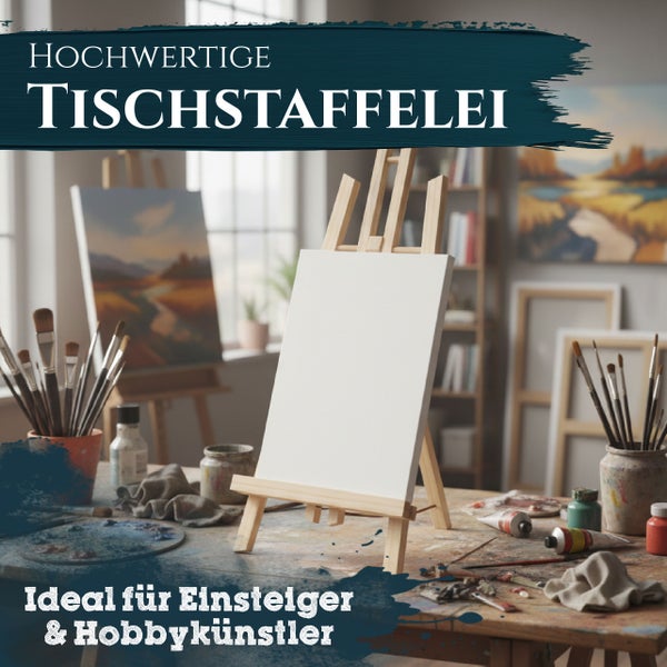 Tischstaffelei aus Holz mit leerer Leinwand auf einem Künstlertisch mit Pinseln und Farben für Einsteiger und Hobbykünstler.
