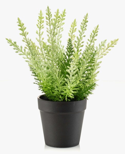 Künstliche Pflanze mit grünen Zweigen und kleinen Knospen aus Kunststoff.