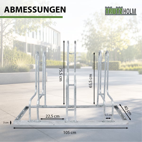 Trutzholm Fahrradständer für 3 Fahrräder aus verzinktem Stahl mit Maßangaben für die Breite Tiefe und Höhe