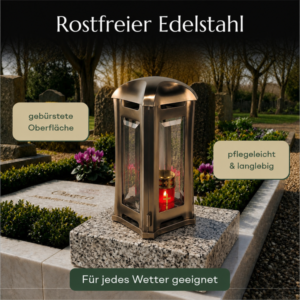 Grablampe aus gebürstetem, rostfreiem Edelstahl für den Friedhof, wetterfest, pflegeleicht und langlebig.