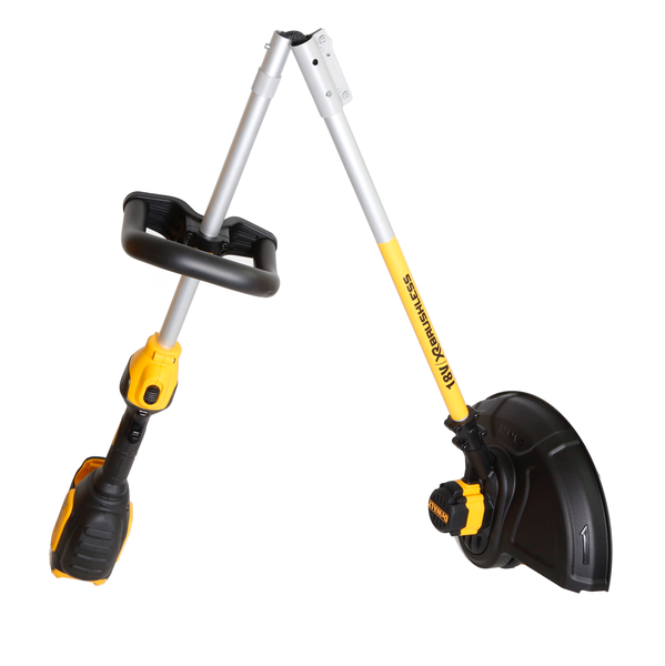 DeWalt 18 Volt Akku-Rasentrimmer mit bürstenlosem Motor, klappbarem Schaft und Schutzhaube.