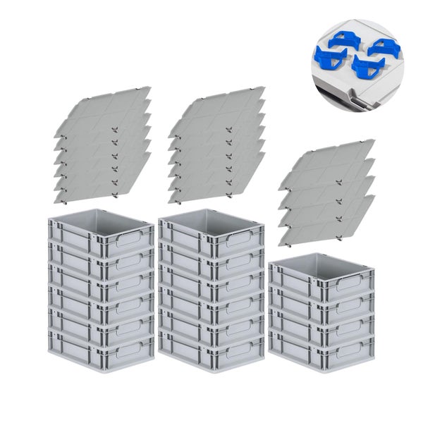 PROREGAL Spar Set 16x Eurobox Nextgen Economy Mit Auflagedeckel & 4x Schiebeschnappverschlüsse Blau Griffe Geschlossen HxBxT 12 x 30 x 40 cm 11 Liter