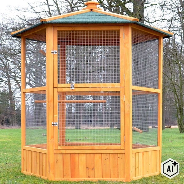 Sechseckige Vogelvoliere aus Holz mit Drahtgitter und Dach für den Außenbereich