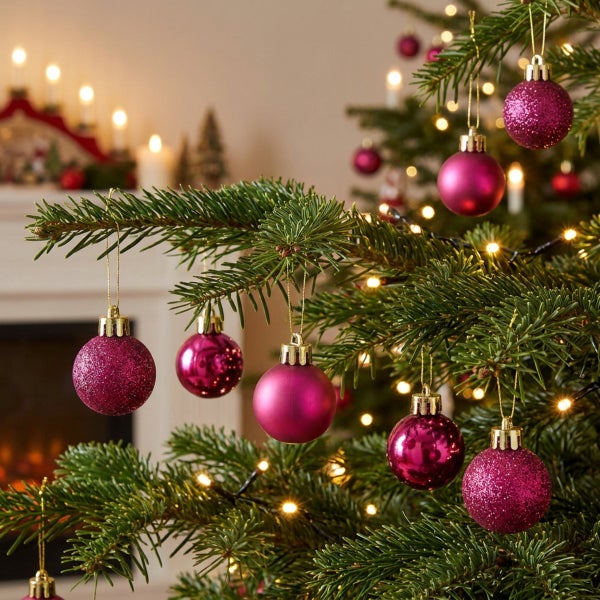Weihnachtsbaum mit glänzenden und matten Kugeln in Beerenfarben und einer festlichen Beleuchtung im Hintergrund.