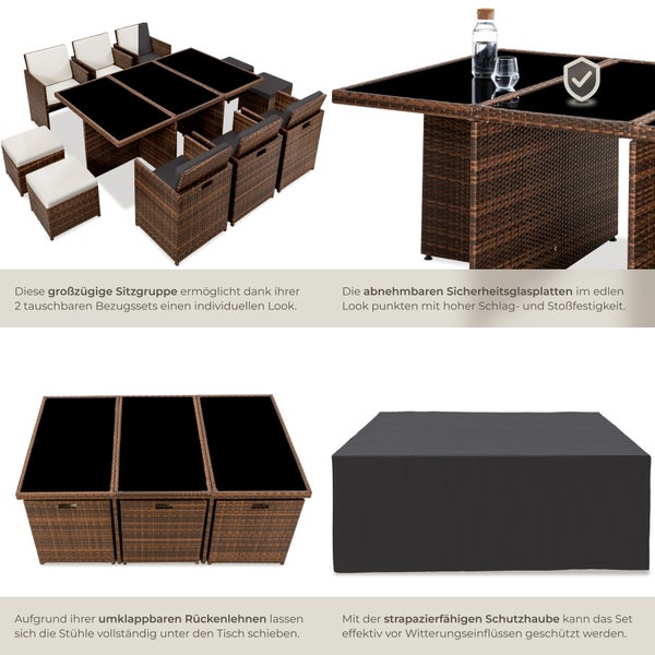 Rattan Sitzgruppe tectake New York 2 Bezugssets, zusammenschiebbar, inklusive Schutzhülle mit Aluminiumgestell schwarz/braun