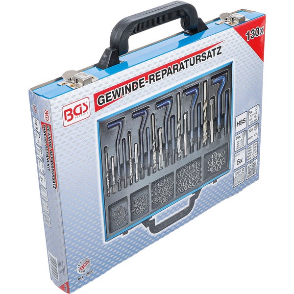 BGS technic Gewinde-Reparatursatz mit Bohrern und Gewindeeinsätzen im Koffer, 130-teilig