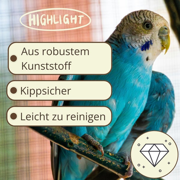 Wellensittich mit Produktinformationen: robustes Kunststoffmaterial, kippsicher, leicht zu reinigen