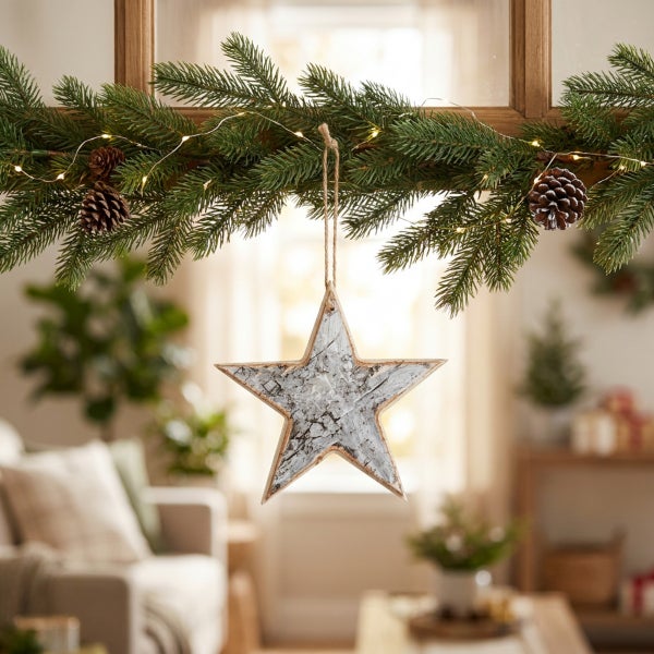 Weihnachtsanhänger in Sternform aus Holz mit Rindenstruktur an einer Tannengirlande mit Lichterkette in einem wohnlichen Raum.