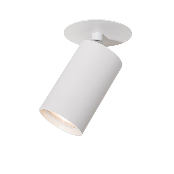 Weißer, verstellbarer, zylindrischer Deckenstrahler mit runder Basis.