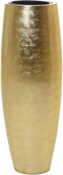 Hohe zylindrische Vase mit strukturierter goldener Oberfläche in Blattgoldoptik und schwarzer Innenseite.