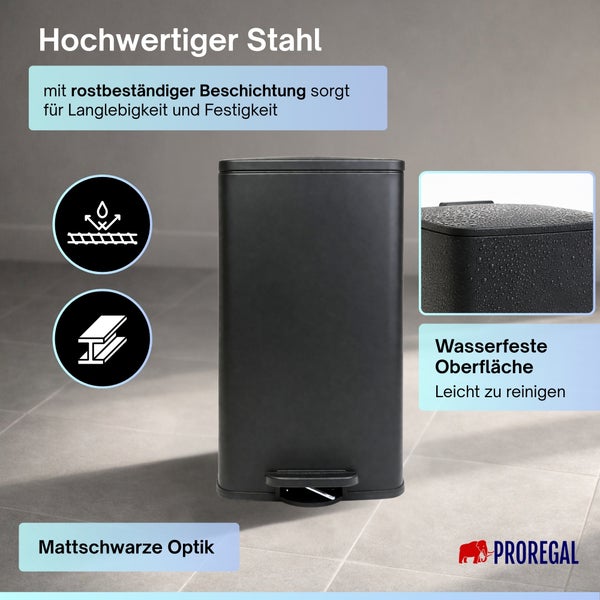 Rechteckiger Tretabfalleimer aus mattschwarzem, rostbeständigem Stahl mit wasserfester Oberfläche. Proregal Logo.