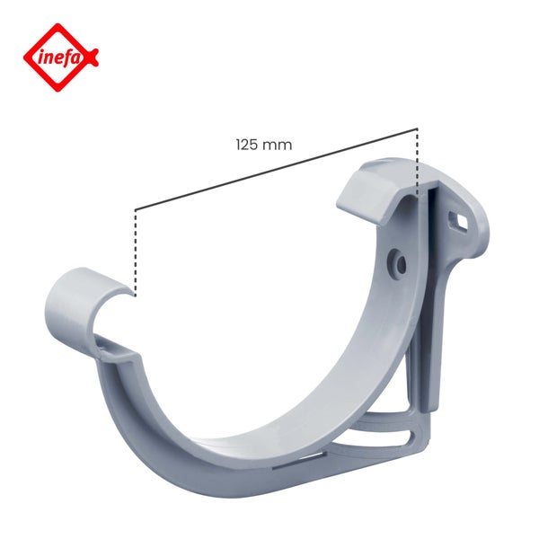Inefa Logo. Grauer Dachrinnenhalter aus Kunststoff für 125 Millimeter breite Dachrinnen.