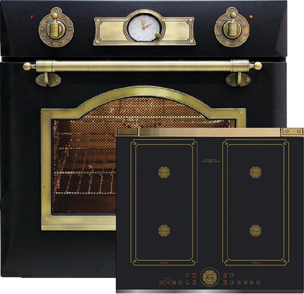Einbau Backofen und Induktionskochfeld im rustikalen Design mit Messingelementen und Analoganzeige.