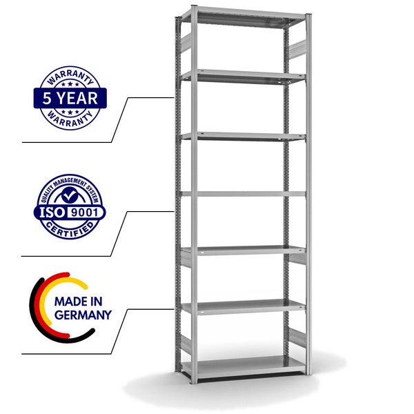 PROREGAL Fachbodenregal Stecksystem T-Profil Light-Duty Grundregal HxBxT 300 x 100 x 40 cm 7 Ebenen Fachlast 145 kg Beidseitig Nutzbar Verzinkt