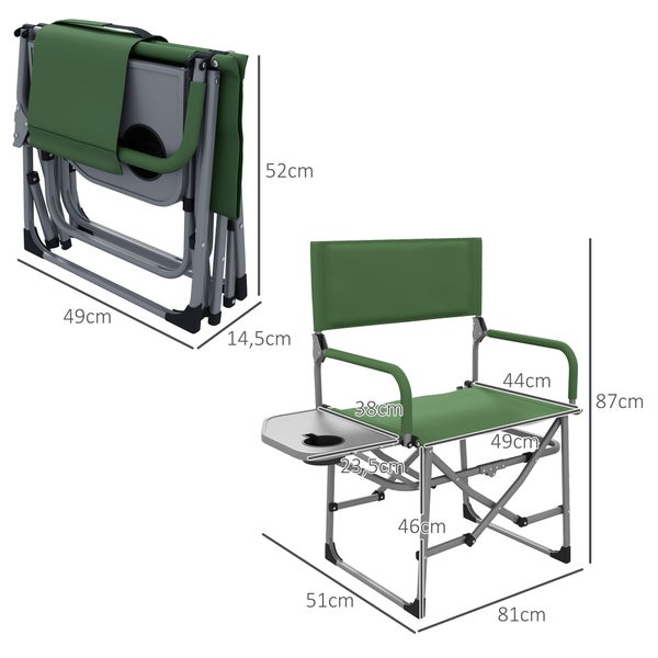 Outsunny Regiestuhl, Faltbar Campingstuhl mit Seitentisch, für Camping, Strand, 81L x 51B x 87H cm, Oxford, Grün