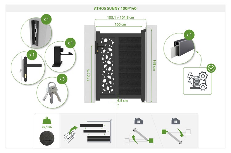 Gartentor Athos Sunny 100P140 mit Maßangaben, Zubehörteilen und Montagehinweisen für die manuelle oder automatisierte Nutzung.