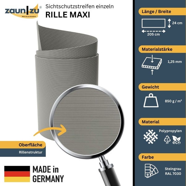 Zaun zu Rille Maxi Sichtschutzstreifen, 205 cm Länge, 24 cm Breite, Polypropylen, Rillenstruktur, Made in Germany