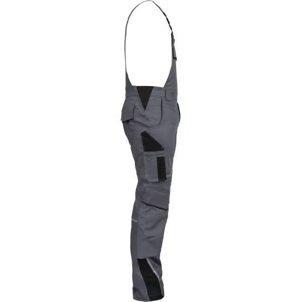 Latzhose für die Arbeit in der Seitenansicht mit verschiedenen Taschen und elastischen Trägern.