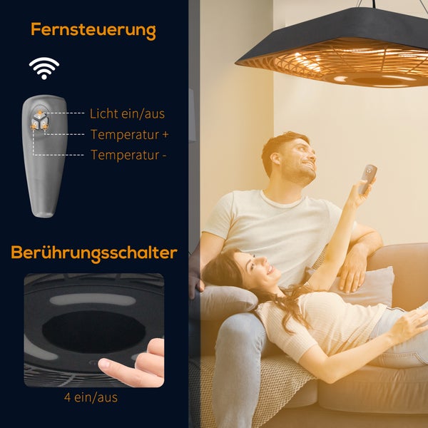 Outsunny Deckenheizstrahler 800W/1200W/2000W, 5 Modi Heizstrahler, IP45, mit Fernbedienung LED-Licht,  45 x 45 x 10 cm, Alu, Glas, Schwarz
