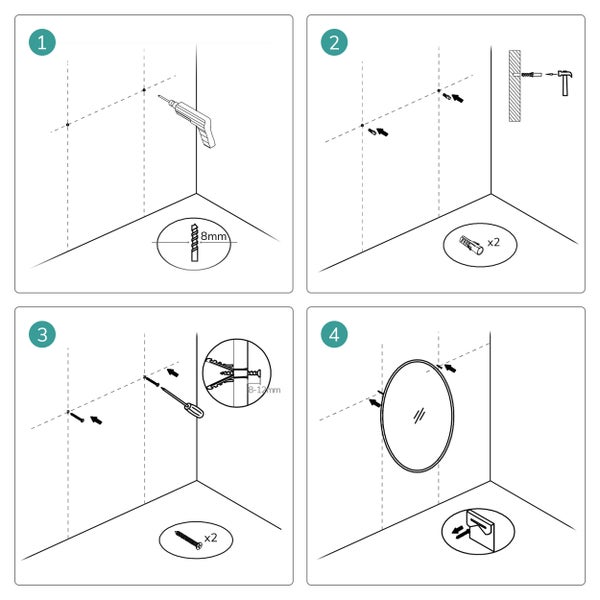 Montageanleitung Rundspiegel: 1. Löcher bohren (8 Millimeter), 2. Dübel setzen, 3. Schrauben mit Abstand eindrehen, 4. Spiegel aufhängen.