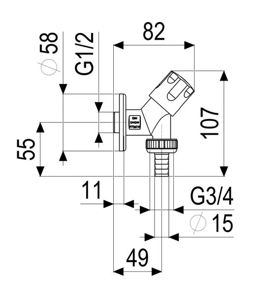 Maßzeichnung eines Auslaufventils mit Abmessungen in Millimetern und Gewindeangaben G ein halb sowie G drei viertel.