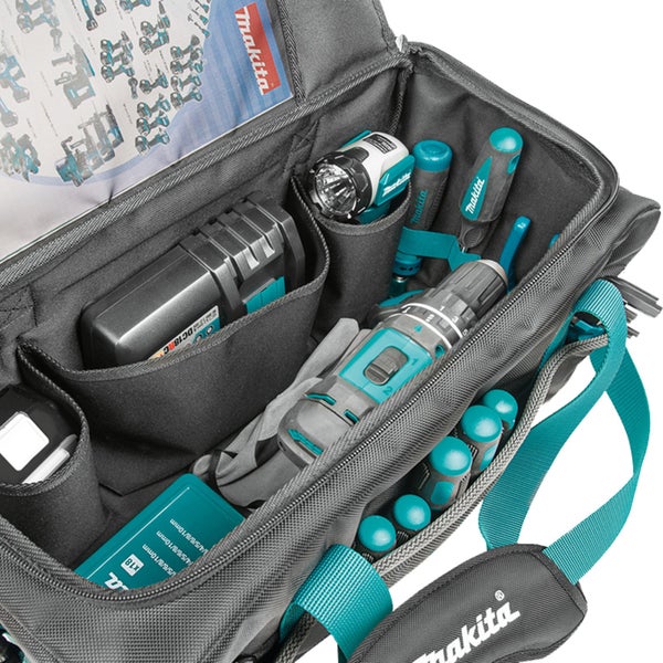 Makita Werkzeugtasche gefüllt mit Werkzeugen und Zubehör