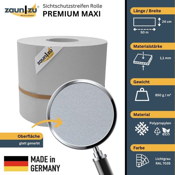Zaun zu Sichtschutzstreifen Rolle Premium Maxi aus Polypropylen, 50 Meter Länge, 24 cm Breite, 1,1 mm Materialstärke, 850 g pro Quadratmeter, Made in Germany