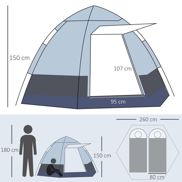 Outsunny Campingzelt, für 3-4 Personen, 260 x 260 x 195 cm, Stahl,Glasfaser, Grau+Schwarz
