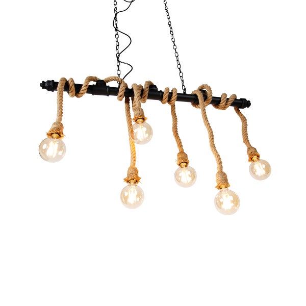 Hängelampe mit sechs Leuchten, Rohr und Seil
