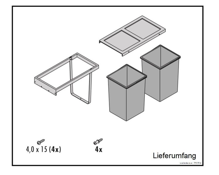Lieferumfang Mülltrennsystem bestehend aus zwei Eimern, einem Montagerahmen, einem Deckel und acht Schrauben.