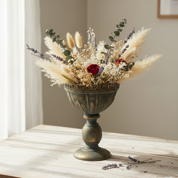 Antik anmutender Pokal aus Metall mit einem Strauß aus getrockneten Blumen, Pampasgras, Eukalyptus und einer roten Rose auf einem Holztisch.
