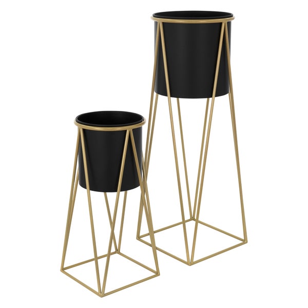 ML-Design Blumenständer 2er Set, Schwarz-Gold, 21,8x22x47cm/25x25x71cm, Stahl, Blumentopfständer mit Übertopf, Metall Pflanzenständer, Blumentopfhalter 2-tlg, Pflanztopf Deko Blumensäule Blumenhocker