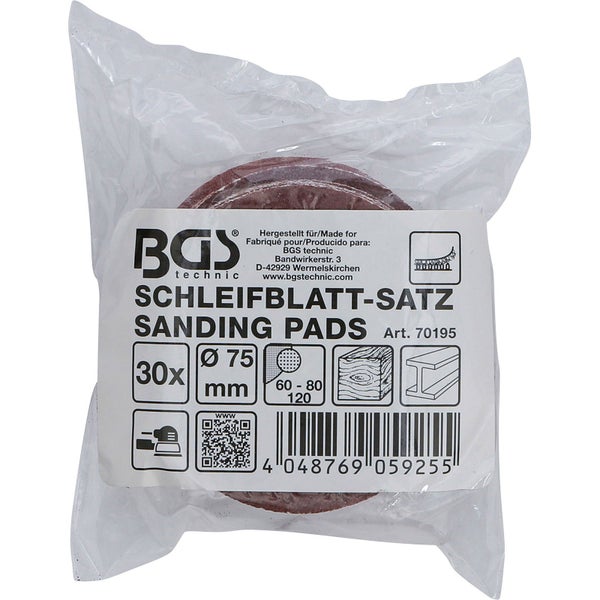 BGS Schleifblatt Satz mit 30 Schleifblättern und einem Durchmesser von 75 Millimeter in der Verpackung.