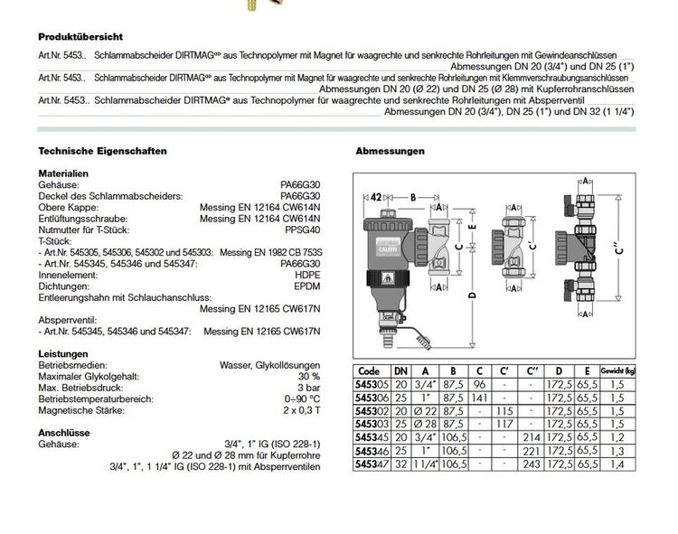 Technisches Datenblatt für Schlammabscheider Dirtmag mit Maßtabelle, technischen Merkmalen und Materialauflistung.