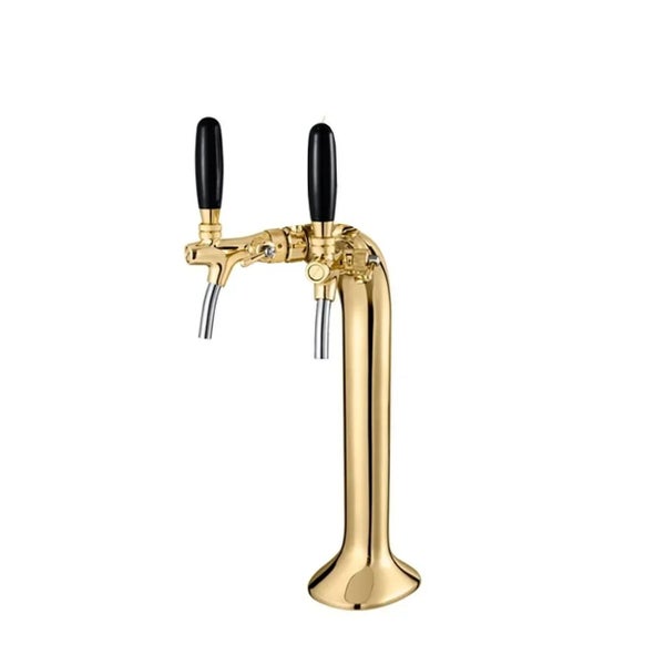 Zweileitige Zapfsäule aus goldfarbenem Metall mit zwei Zapfhähnen und schwarzen Griffen.
