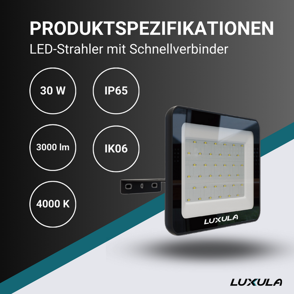 LUXULA LED-Strahler mit Schnellverbinder: 30 Watt, 3000 Lumen, 4000 Kelvin, Schutzart IP65, Stoßfestigkeitsgrad IK06.
