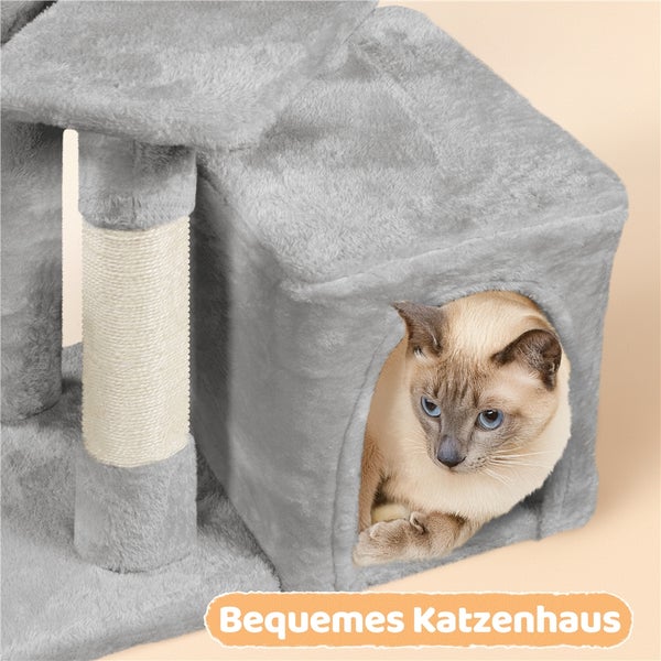 Katze in einem grauen Katzenhaus mit Kratzbaum
