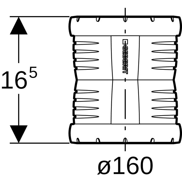 Maßzeichnung der Geberit Silent-db20 Langmuffe mit einem Durchmesser von 160 Millimetern und einer Länge von 165 Millimetern. Geberit Logo.