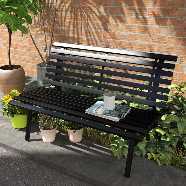 Outsunny 2-Sitzer Gartenbank Alu, wetterfest Sitzbank, UV-Beständig Gartenmöbel mit Lamellen-Design, Parkbank 240kg belastbar, Balkonbank für Balkon Terrasse, Garten, 123x67x79cm, Schwarz