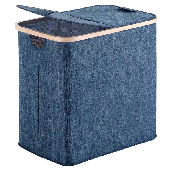 Blauer Wäschekorb aus Bambus und Polyester, 87 Liter