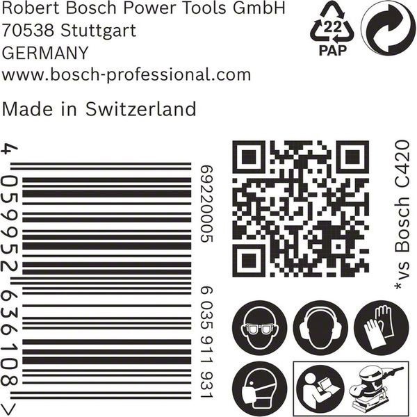 Robert Bosch Power Tools GmbH Logo, Barcode, QR Code, Made in Switzerland und Recycling Symbol.