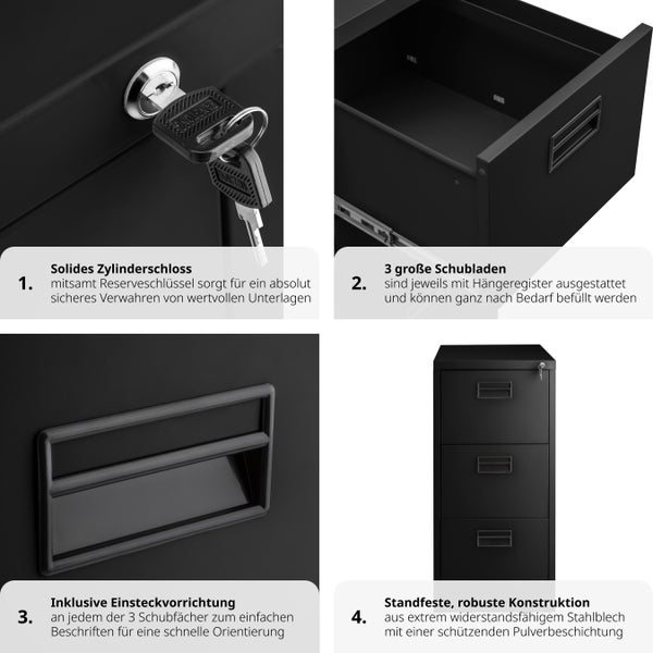 Aktenschrank tectake  62,4 x 46 x 102,8 cm aus pulverbeschichtetem Stahl schwarz