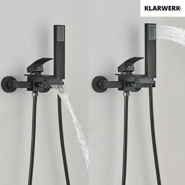 Klarwerk Wannenarmatur mit Handbrause und Brauseschlauch zur Wandmontage, eckiges Design in mattem Finish.