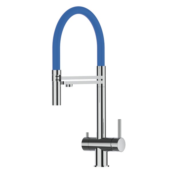 3 Wege Wasserhahn Küchenarmatur, Edelstahl Massiv mit 360° schwenkbarem Auslauf, abnehmbare 2 strahl Handbrause, Hochglanz / Blau