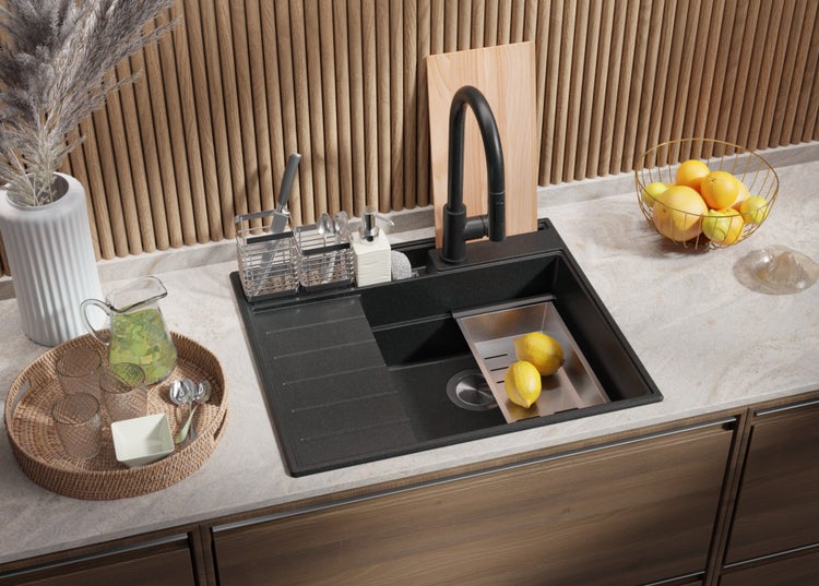 PRIMAGRAN Spülbecken Anthrazit 62x53cm, Granitspüle 1 Becken + Ablauf-Set + Küchenzubehörset, Küchenspüle ab 45er Unterschrank - Sydney Pocket