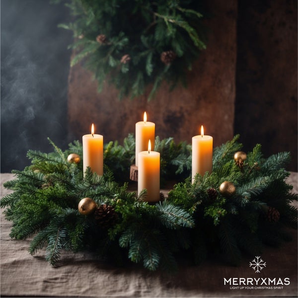 Adventskranz mit vier brennenden Kerzen, Tannenzweigen, goldenen Kugeln und Tannenzapfen