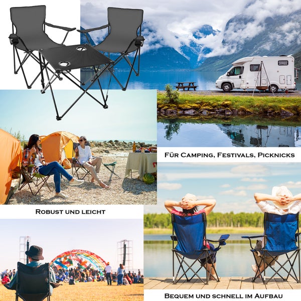 Camping Set bestehend aus zwei Stühlen und einem Tisch für den Aussenbereich.