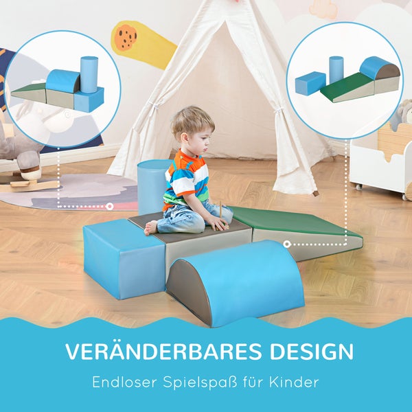 HOMCOM Softbausteine, 5er-Set Schaumstoff, 40,6L x 40,6B x 20,3H cm, Kunstleder, EPE, Blau